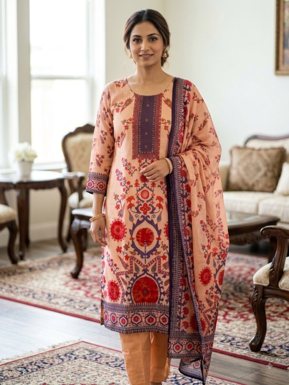 Women's Elegant 3-Piece Floral Print Kurta Set, Traditional Ethnic Tunic Top wit